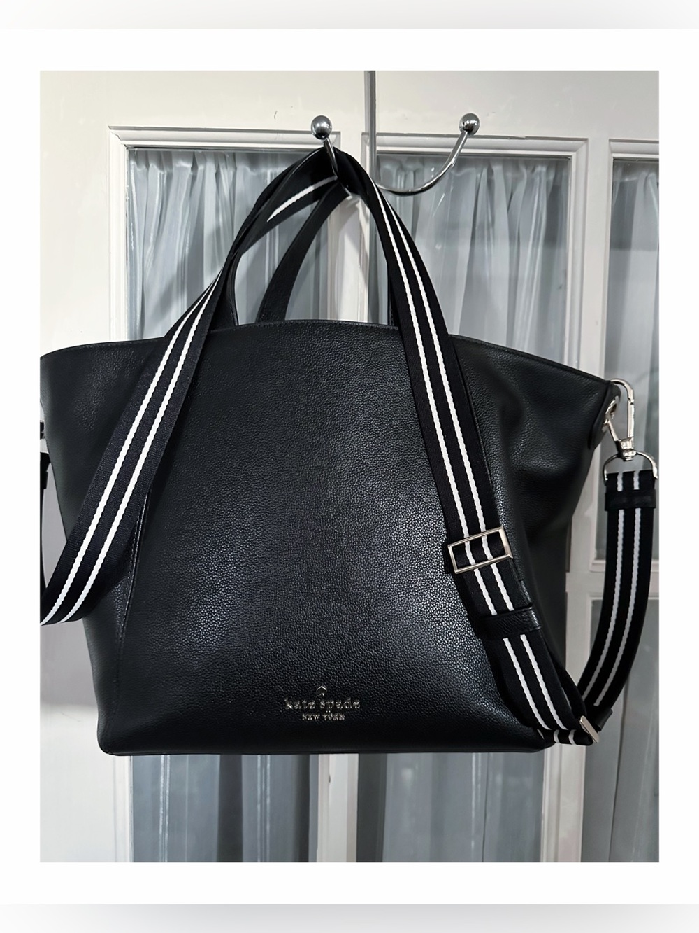 kate spade Black Leather Tote with Striped Crossbody Strap